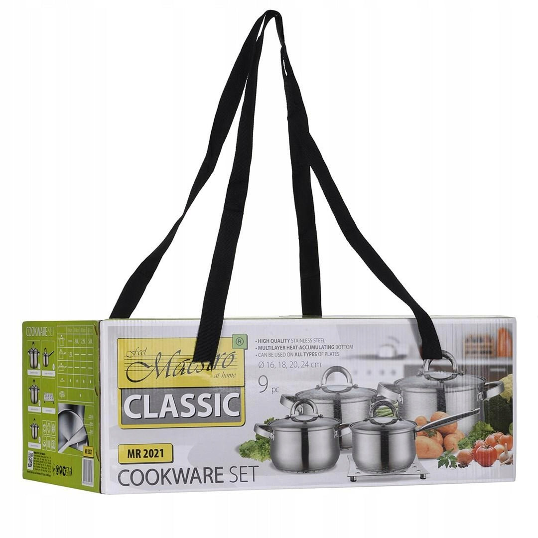 Maestro Set di pentole da 9 pezzi 1,5L, 2L, 3L, 5L, acciaio inox, lavabile in lavastoviglie, adatto a tutti i tipi di cucina, piastra, MR-2021