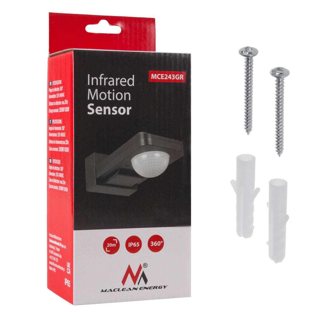 Rilevatore di movimento Maclean PIR, infrarosso, IP65, max 2000W, MCE243 GR, 2 pezzi