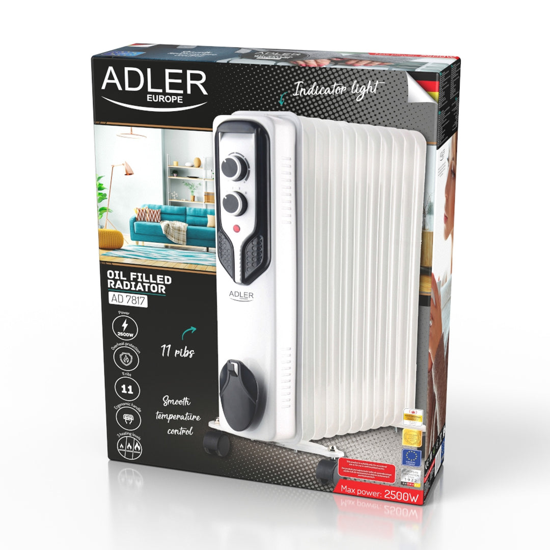 Riscaldatore a olio Adler, 11 alette, potenza 2500W, 3 livelli di riscaldamento, bianco, AD 7817