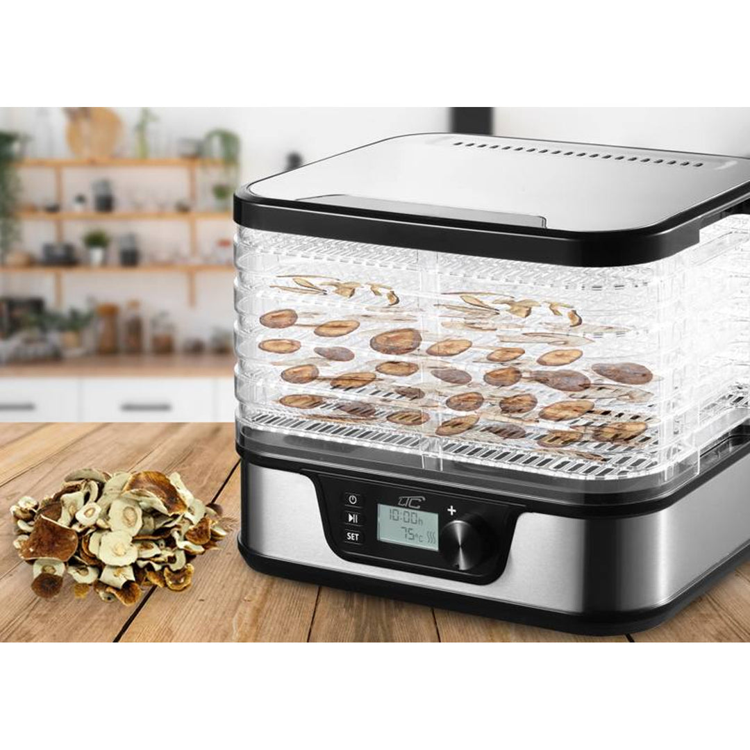 Essiccatore per funghi, verdure, frutta, carne LTC, potenza regolabile, base antiscivolo, 5 vassoi, lavabile in lavastoviglie, in metallo, con display, LXSR002