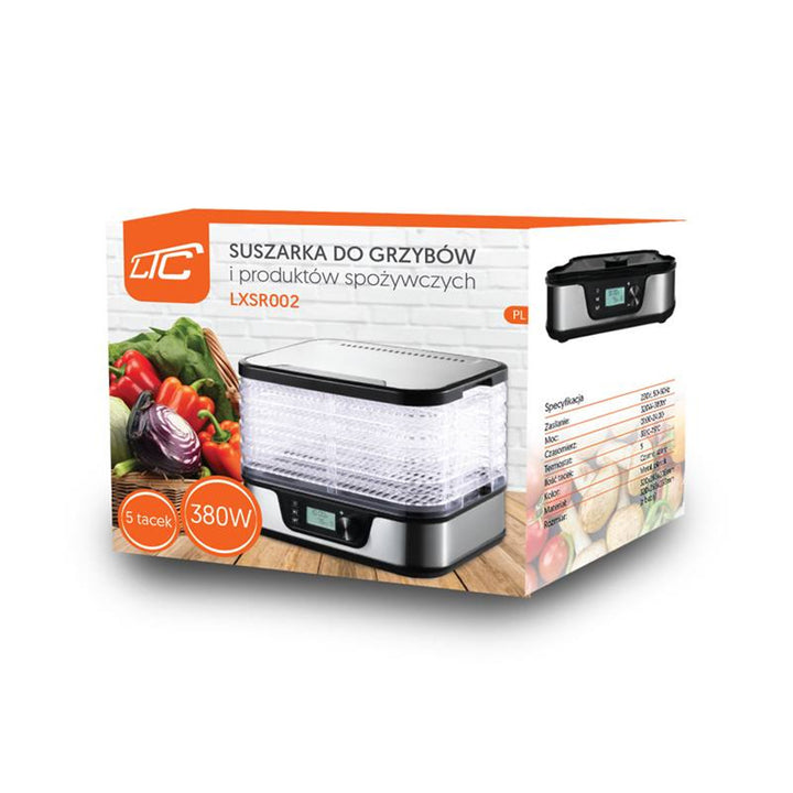 Essiccatore per funghi, verdure, frutta, carne LTC, potenza regolabile, base antiscivolo, 5 vassoi, lavabile in lavastoviglie, in metallo, con display, LXSR002