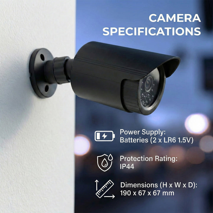 Set di due telecamere tubolari finte, LED IR, nere, alimentazione 2xAA (non incluse), ABS, IR1800 BT