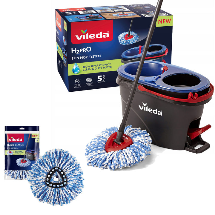 Mocio rotante Vileda, due camere, sistema di centrifugazione, barra pieghevole, facile pulizia degli angoli, turbo H2prO + cartuccia extra
