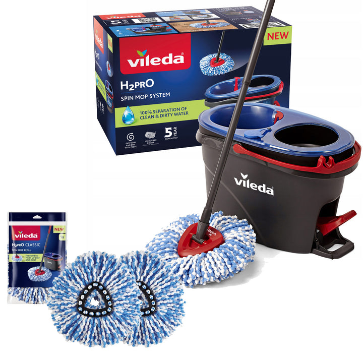 Mocio rotante Vileda, due camere, sistema di centrifugazione, barra pieghevole, facile pulizia degli angoli, turbo H2prO + 2 cartucce extra