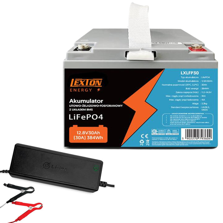 Batteria LiFePo4 Lexton al litio-ferro-fosfato, con BMS, 12,8V, 30Ah, LXLFP30 + caricabatterie LTC Energy LiFePO4
