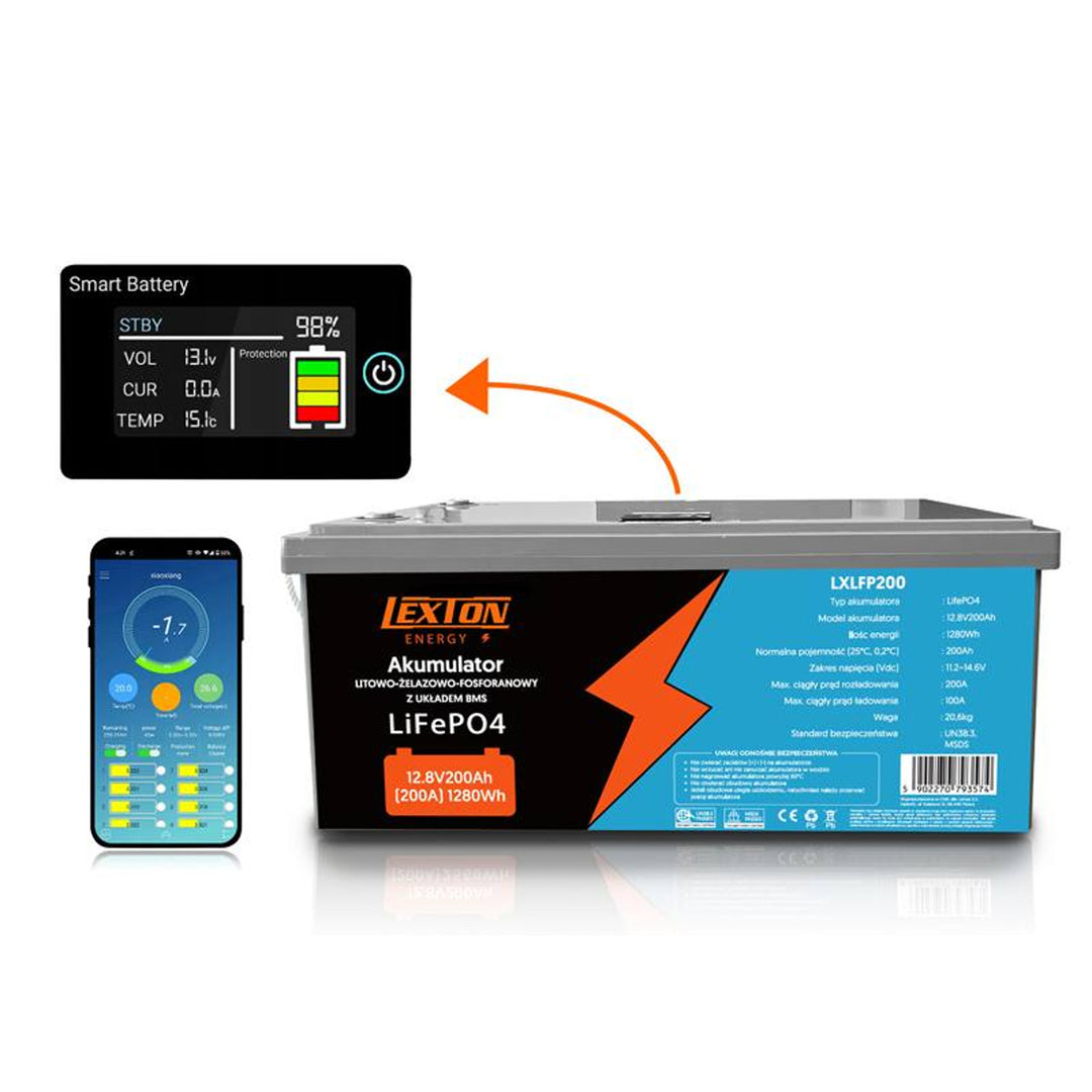 Batteria LiFePo4 Lexton al litio ferro fosfato, con BMS, 12,8V, 200Ah, LXLFP200 + caricabatterie LTC Energy LiFePO4