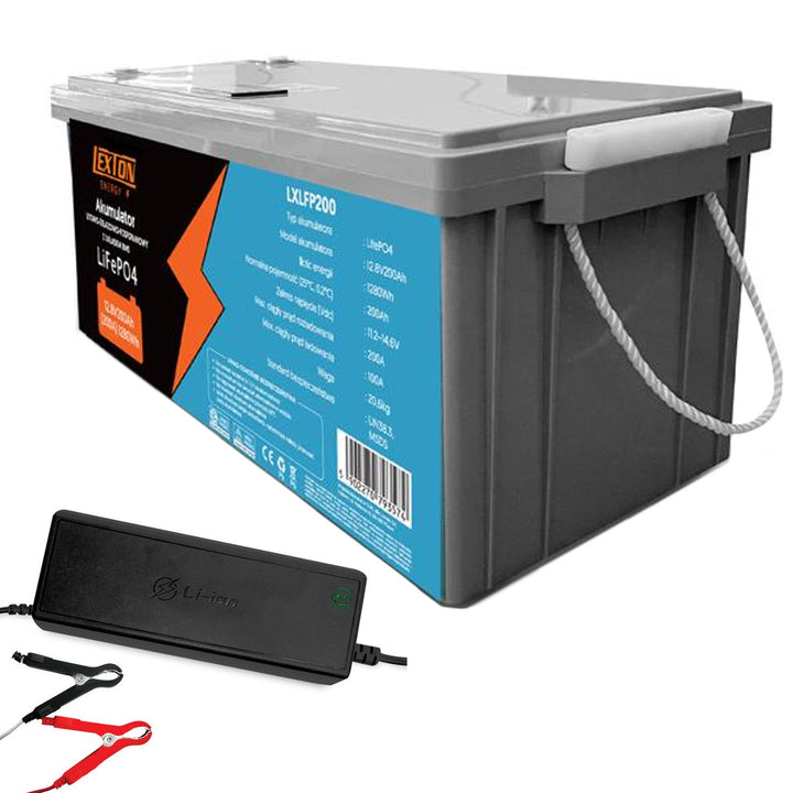 Batteria LiFePo4 Lexton al litio ferro fosfato, con BMS, 12,8V, 200Ah, LXLFP200 + caricabatterie LTC Energy LiFePO4