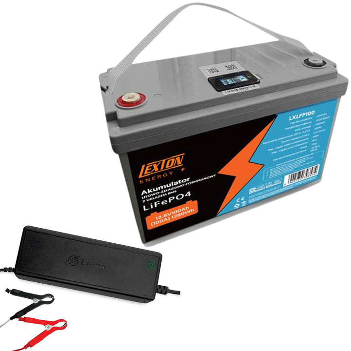 Batteria LiFePo4 Lexton al litio-ferro-fosfato, con BMS, 12,8V, 100Ah, LXLFP100 + caricabatterie LTC Energy LiFePO4
