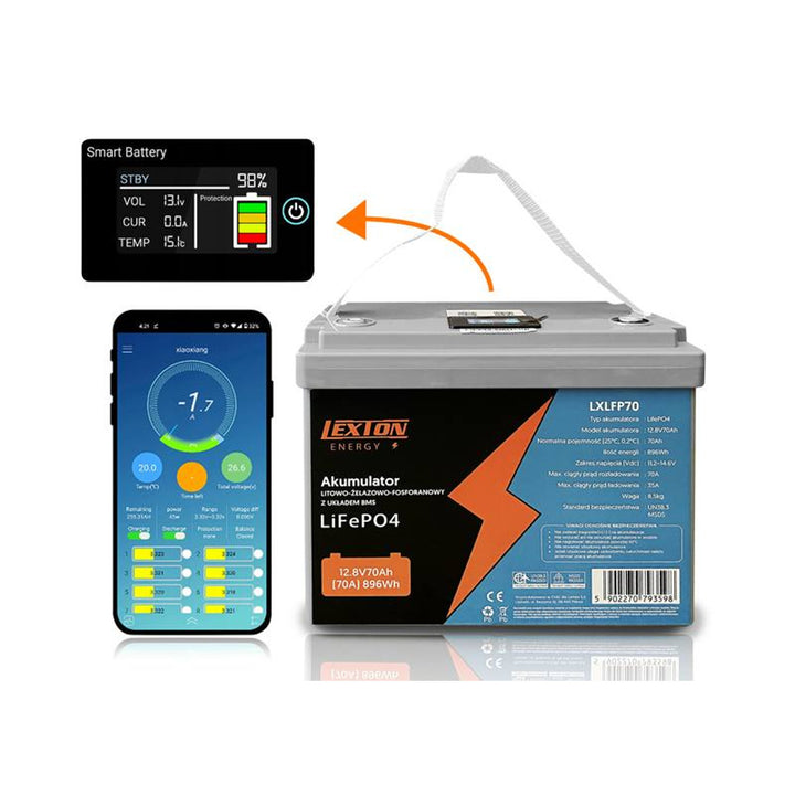 Batteria Lexton al litio ferro fosfato LiFePo4, con BMS, 12,8V, 70Ah, LXLFP70 + raddrizzatore per batterie LiFePO4 LTC Energy