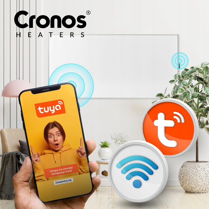 Riscaldatore a infrarossi Cronos, 770W, controllato da smartphone, termostato integrato, tasso di conversione del 98%, protezione IP44, Synthelith PRO CRP-770TWP