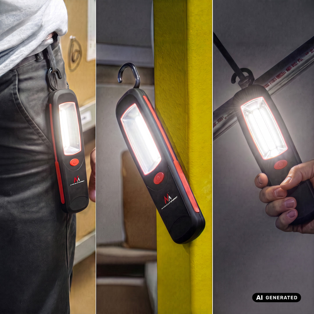 Lampada da officina COB LED Maclean, magnete, gancio, 3xAA, MCE03 + 3 batterie Varta Industrial LR6/AA R-06