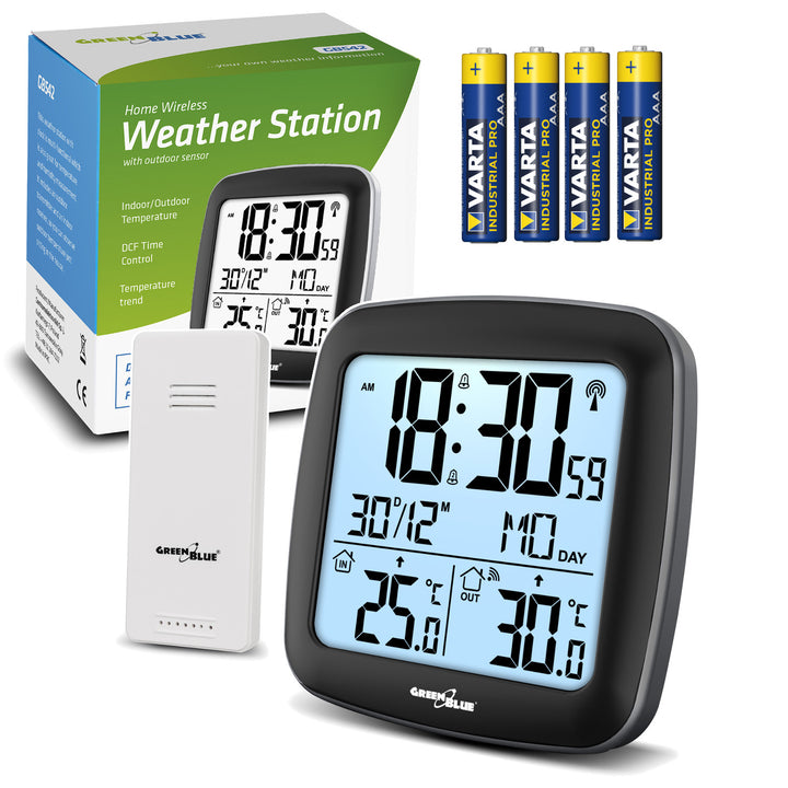 Stazione meteo wireless GreenBlue, con DCF, calendario, allarme, GB542 + 4x batterie alcaline AAA Varta Industrial