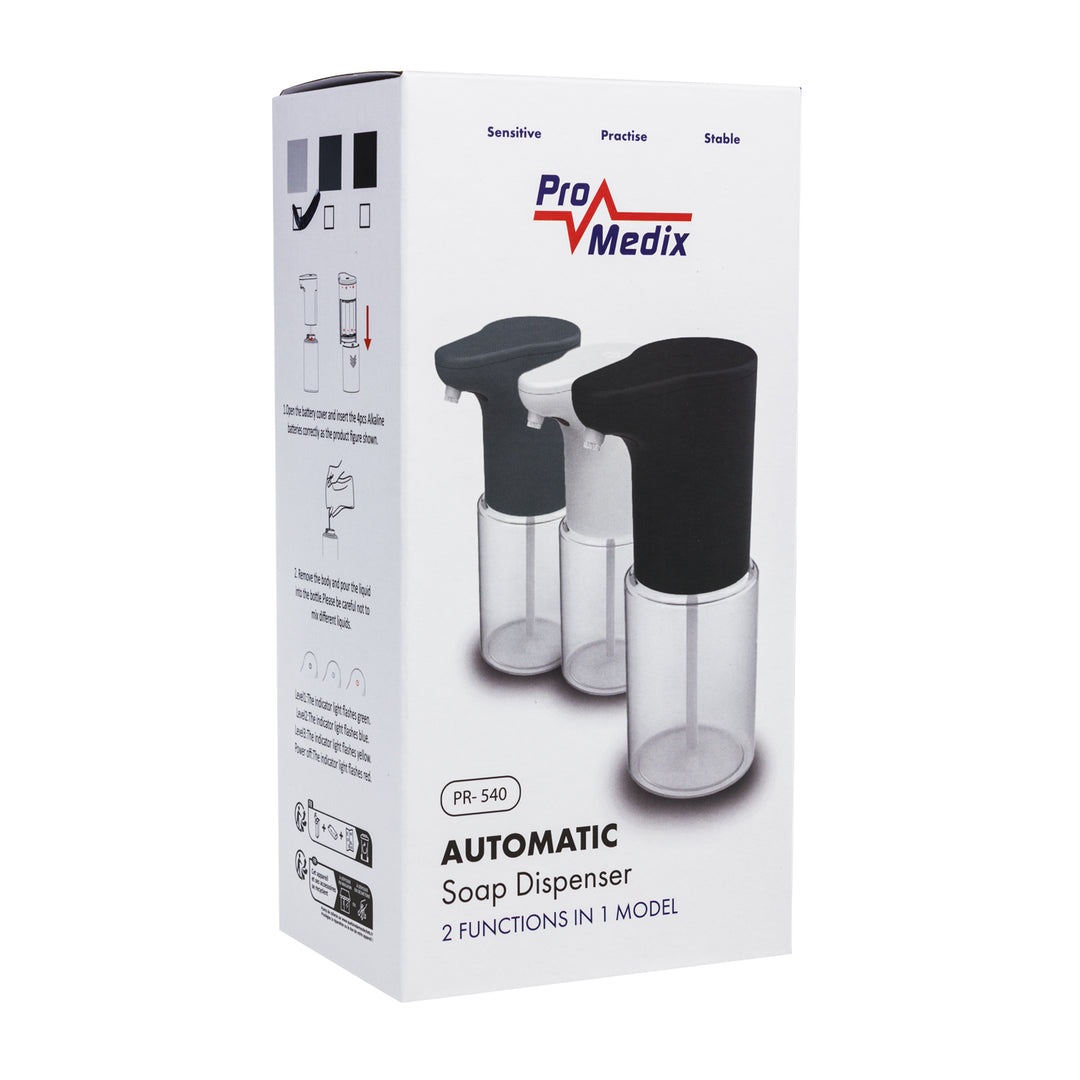 Distributore automatico Promedix, contenitore per saponi liquidi, liquidi disinfettanti, 300 ml, bianco, PR-540 W + 4 batterie Varta Industrial AA