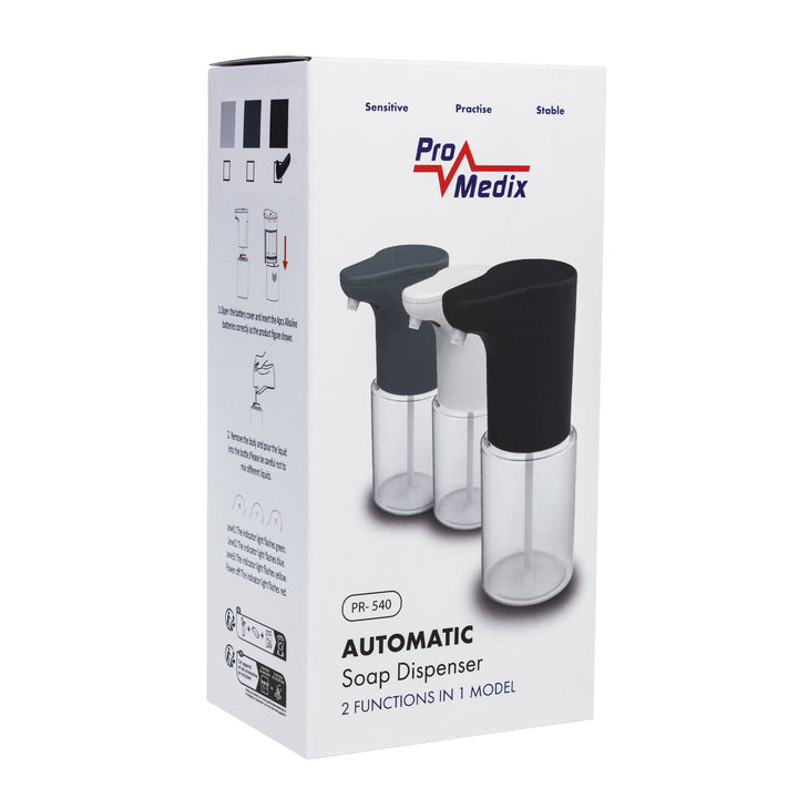 Distributore automatico Promedix, contenitore per saponi liquidi, liquidi disinfettanti, 300 ml, nero, PR-540 B + 4 batterie AA Varta Industrial