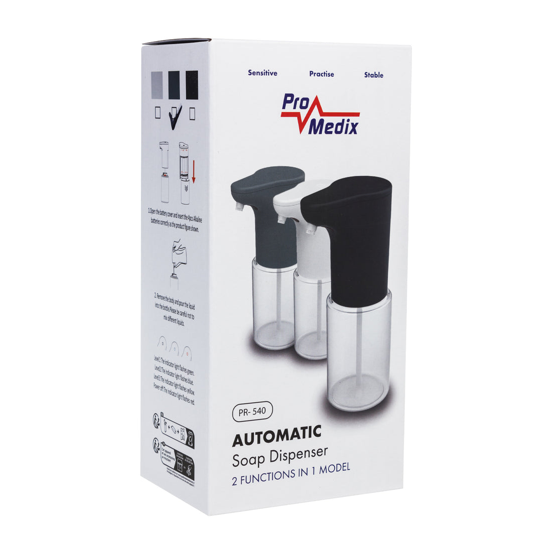 Dispenser automatico Promedix, contenitore per saponi liquidi, liquidi disinfettanti, 300 ml, grigio, PR-540 GR + 4 batterie Varta Industrial AA