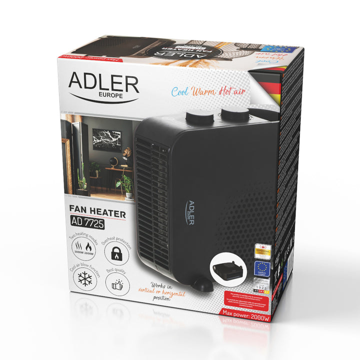 Termoventilatore Adler, 2 livelli di potenza, max 2000W, termostato, nero, AD 7725
