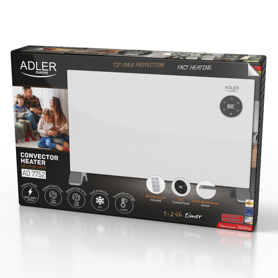 Riscaldatore Adler, display LED, telecomando, 3 livelli di riscaldamento, termostato, max 2000W, AD 7752