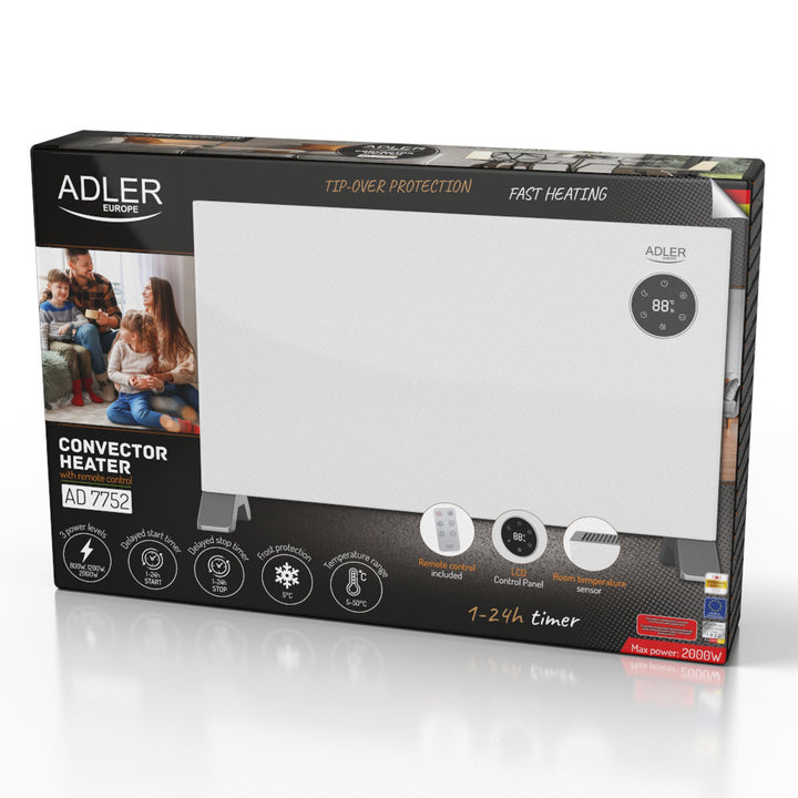 Riscaldatore Adler, display LED, telecomando, 3 livelli di riscaldamento, termostato, max 2000W, AD 7752