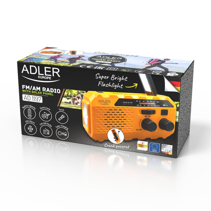 Radio solare Adler, batteria ricaricabile da 1200 mAh, torcia, manovella, AD 1197