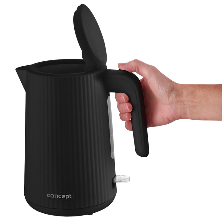 Bollitore elettrico in plastica Concept, 1,7L, design scanalato, triplo sistema di sicurezza, filtro per sedimenti, indicatore del livello dell'acqua, nero, RK2391