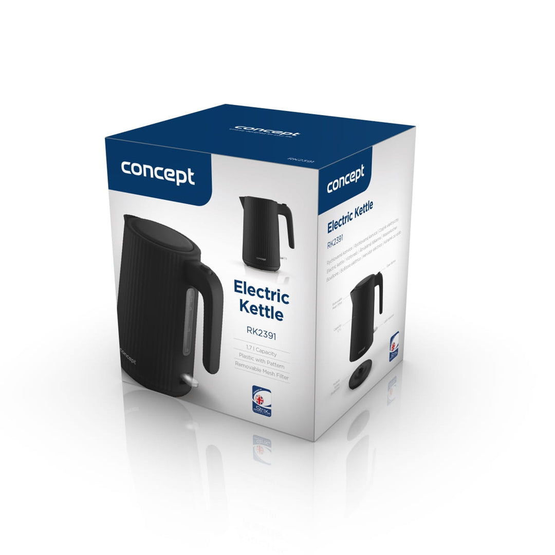 Bollitore elettrico in plastica Concept, 1,7L, design scanalato, triplo sistema di sicurezza, filtro per sedimenti, indicatore del livello dell'acqua, nero, RK2391