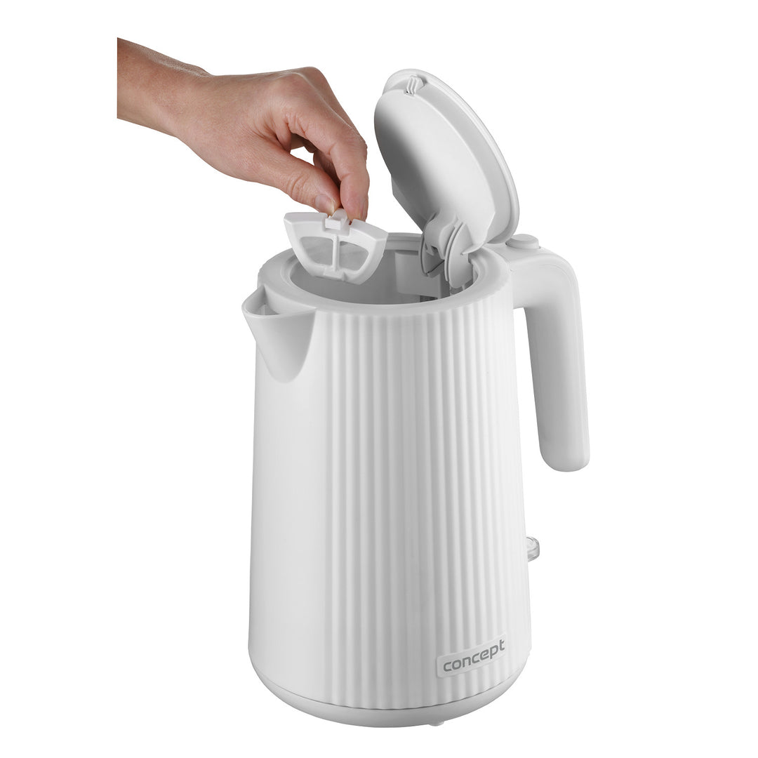 Bollitore elettrico in plastica Concept, 1,7L, design scanalato, triplo sistema di sicurezza, filtro per sedimenti, indicatore del livello dell'acqua, bianco, RK2390