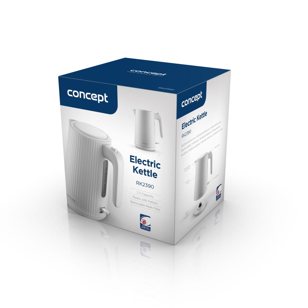 Bollitore elettrico in plastica Concept, 1,7L, design scanalato, triplo sistema di sicurezza, filtro per sedimenti, indicatore del livello dell'acqua, bianco, RK2390