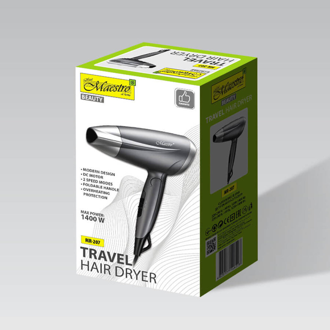 Asciugacapelli Maestro, potenza 1400W, manico pieghevole, 2 velocità dell'aria, concentratore, MR-207