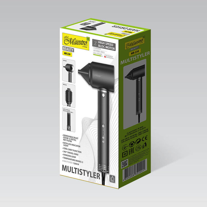 Maestro multistyler/set per la cura dei capelli, asciugacapelli, spazzola-asciugacapelli, ferro arricciacapelli automatico, potenza 1200W, 2 impostazioni di temperatura + getto freddo, MR-230
