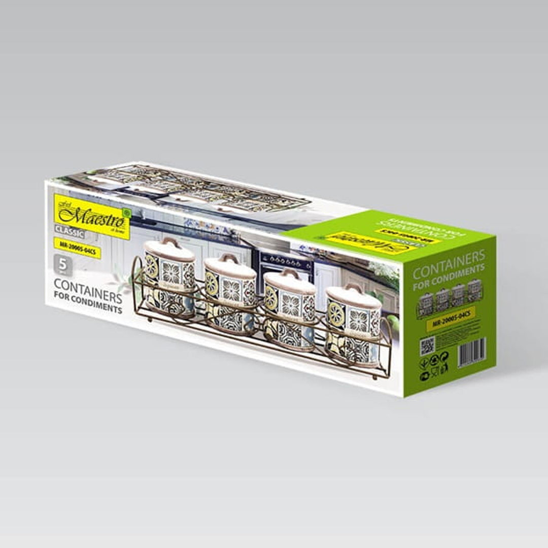 Set di contenitori in ceramica Holiday in Porto Maestro, 5 pezzi, capacità 200 ml, ideale per spezie, con supporto in metallo, MR-20005-04CS