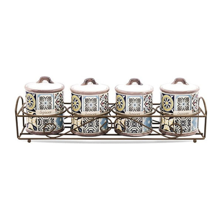 Set di contenitori in ceramica Holiday in Porto Maestro, 5 pezzi, capacità 200 ml, ideale per spezie, con supporto in metallo, MR-20005-04CS