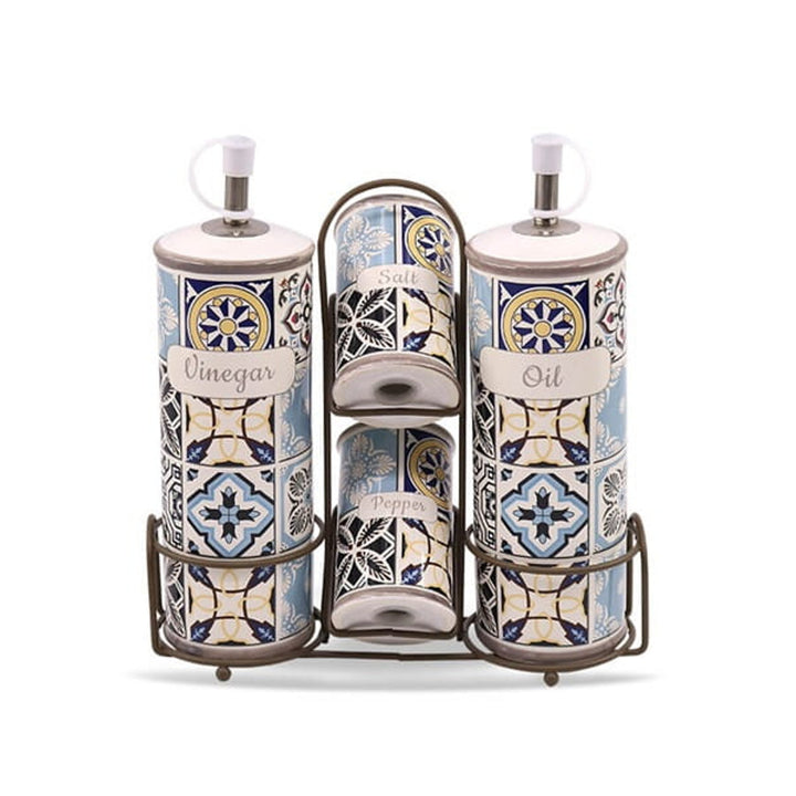 Holiday in Porto Maestro set di spezie in ceramica, 5 elementi, capacità 2x100ml e 2x300ml, Con supporto in metallo, MR-20005-04S