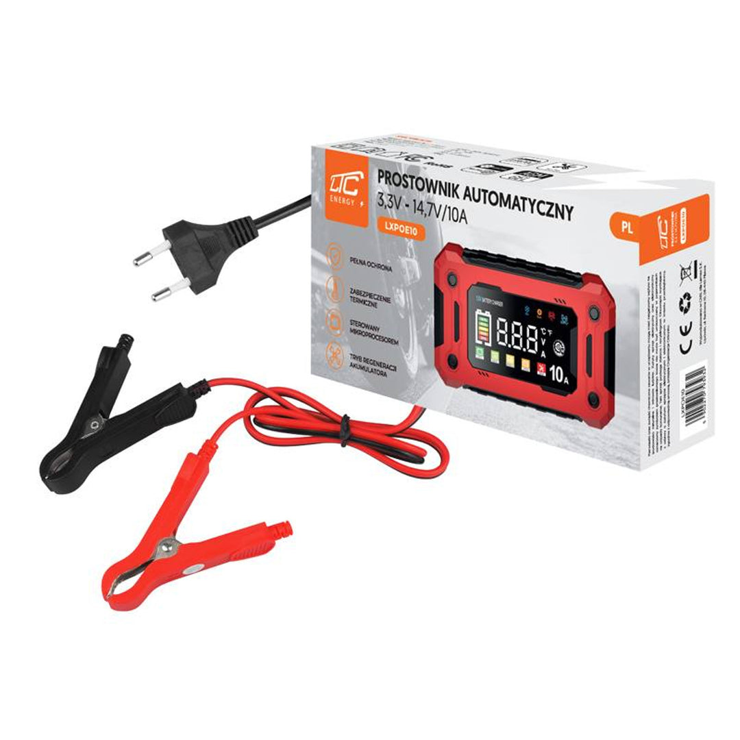 Raddrizzatore per batterie LTC Energy, 3,3-14,7V, 10A, AGM/GEL/LiFePO4, modalità automatica, LXPOE10