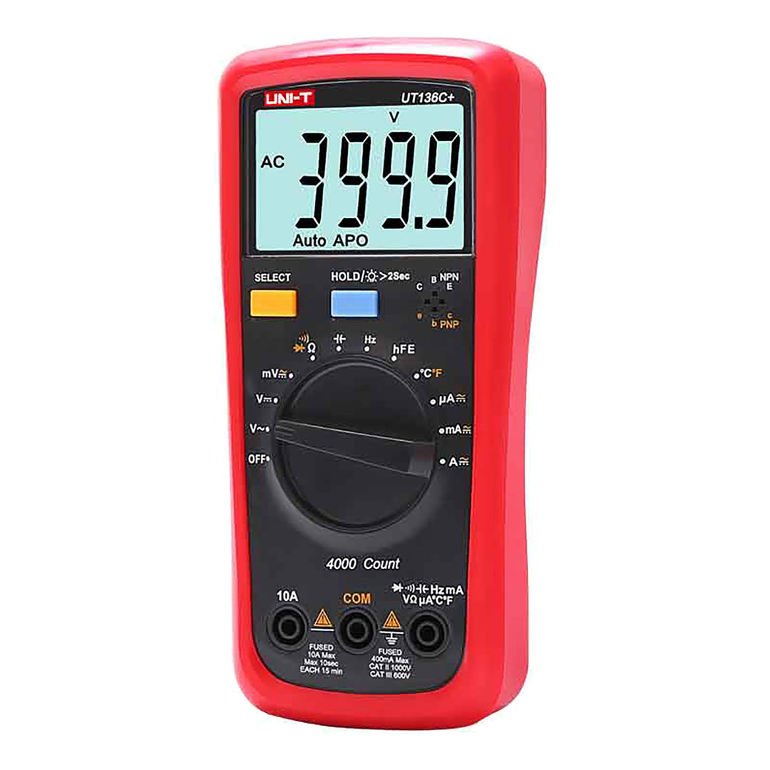 Multimetro digitale Uni-T, misura di tensione e corrente, puntali inclusi, sonda di temperatura, UT136C+