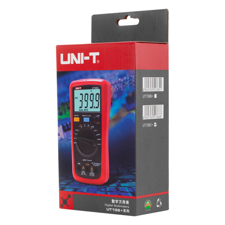 Multimetro digitale Uni-T, misura di tensione e corrente, puntali inclusi, sonda di temperatura, UT136C+