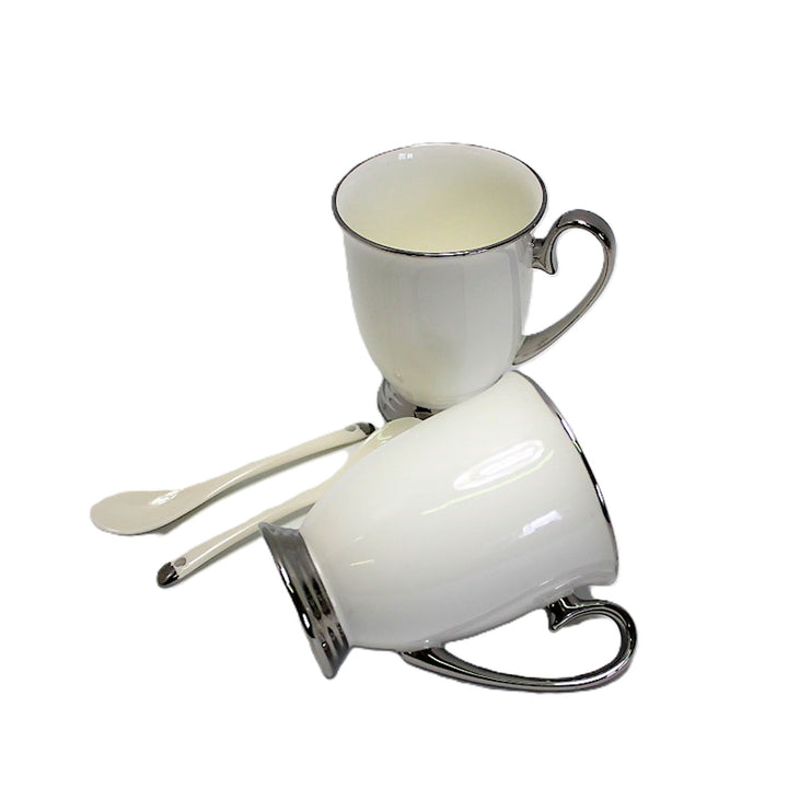 Tazze bianche 2pc Manici cromati, cucchiaini, Porcellana, Elegante, Queen Isabel