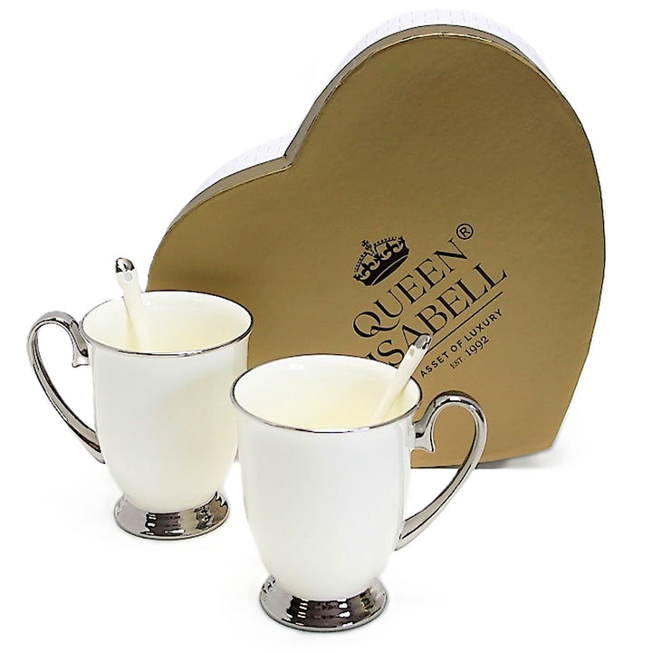 Tazze bianche 2pc Manici cromati, cucchiaini, Porcellana, Elegante, Queen Isabel
