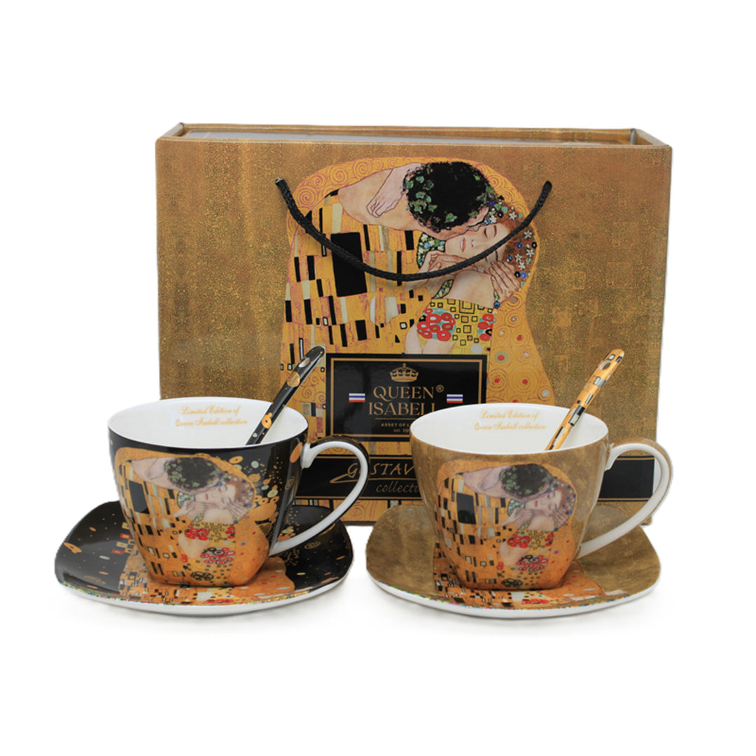 Set di 2 tazze in porcellana Queen Isabell, motivo Bacio di Klimt, cucchiaini, 250ml, W25KL60-2-19000