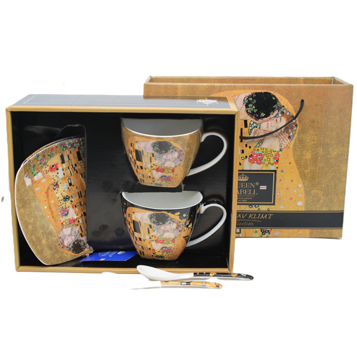 Set di 2 tazze in porcellana Queen Isabell, motivo Bacio di Klimt, cucchiaini, 250ml, W25KL60-2-19000