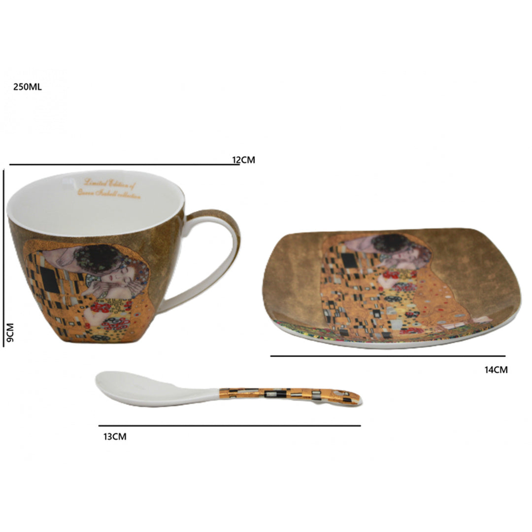 Set di 2 tazze in porcellana Queen Isabell, motivo Bacio di Klimt, cucchiaini, 250ml, W25KL60-2-19000