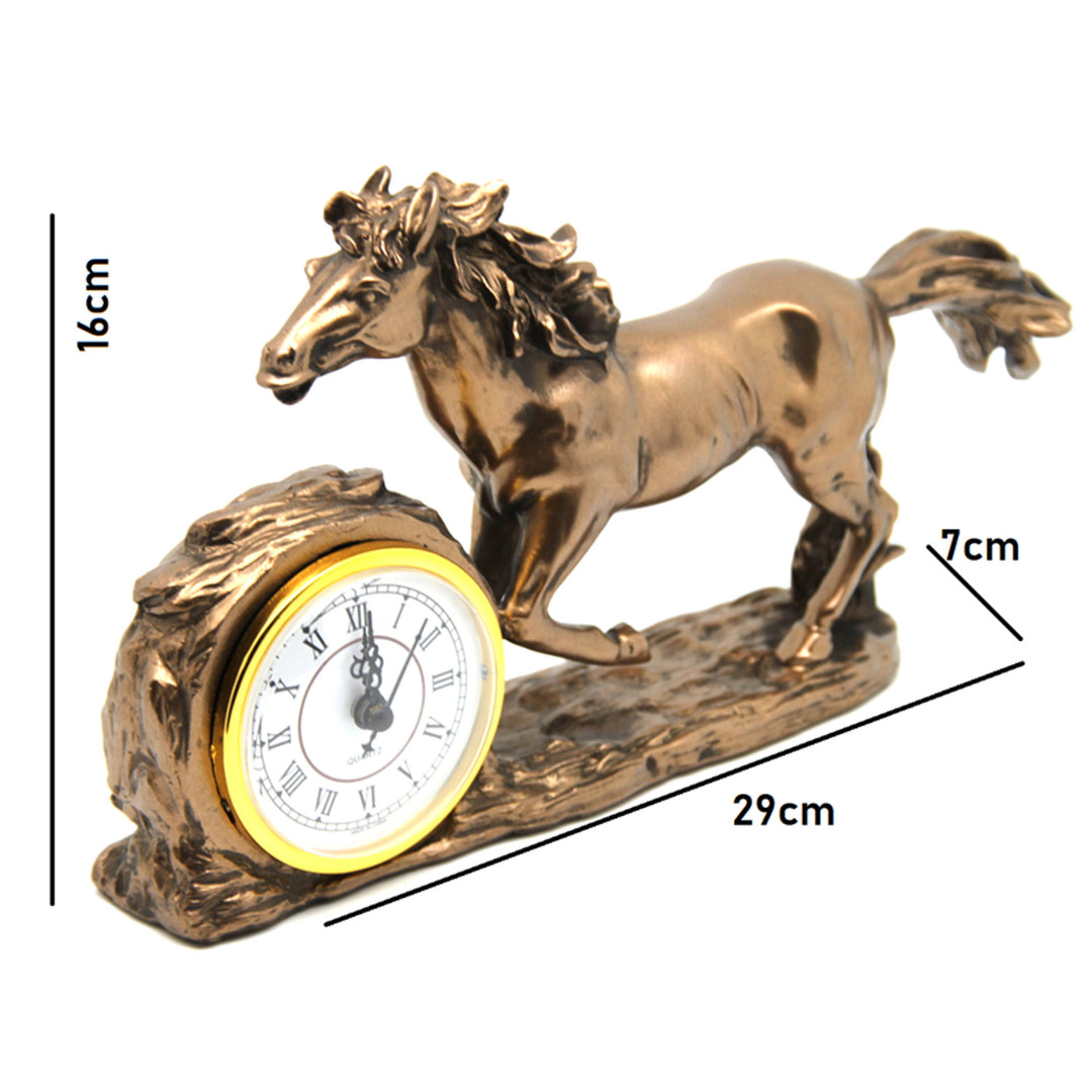 Figurina di cavallo al galoppo, orologio, decorazione da tavolo marrone, Regina Isabel