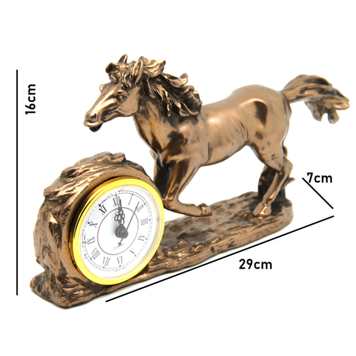 Figurina di cavallo al galoppo, orologio, decorazione da tavolo marrone, Regina Isabel