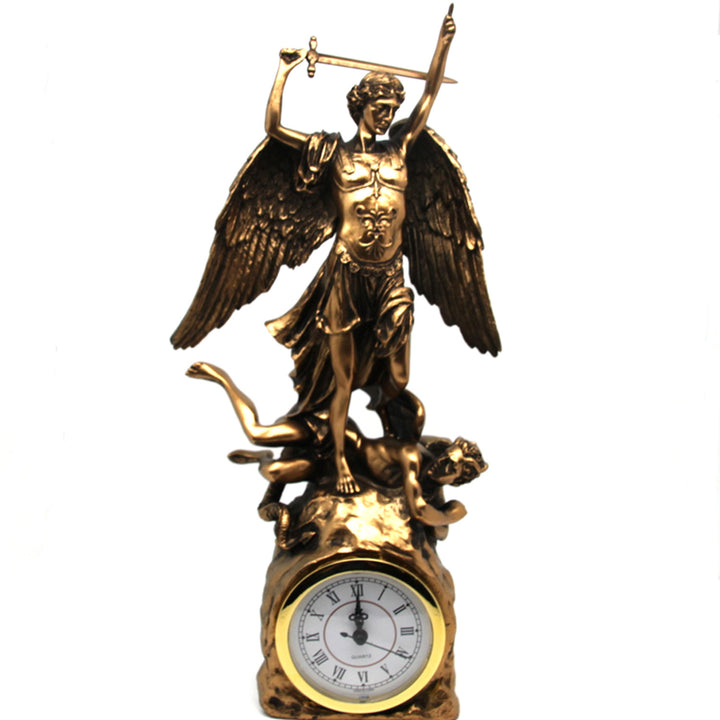 Statuetta dell'Arcangelo Michele, orologio, scultura religiosa in bronzo, Regina Isabella