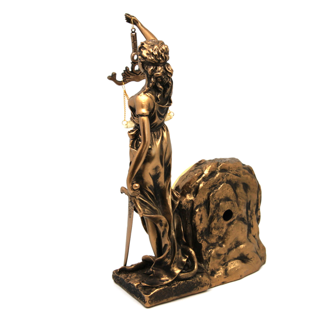 Statuetta di Temida, dea della giustizia, orologio, regina Isabella