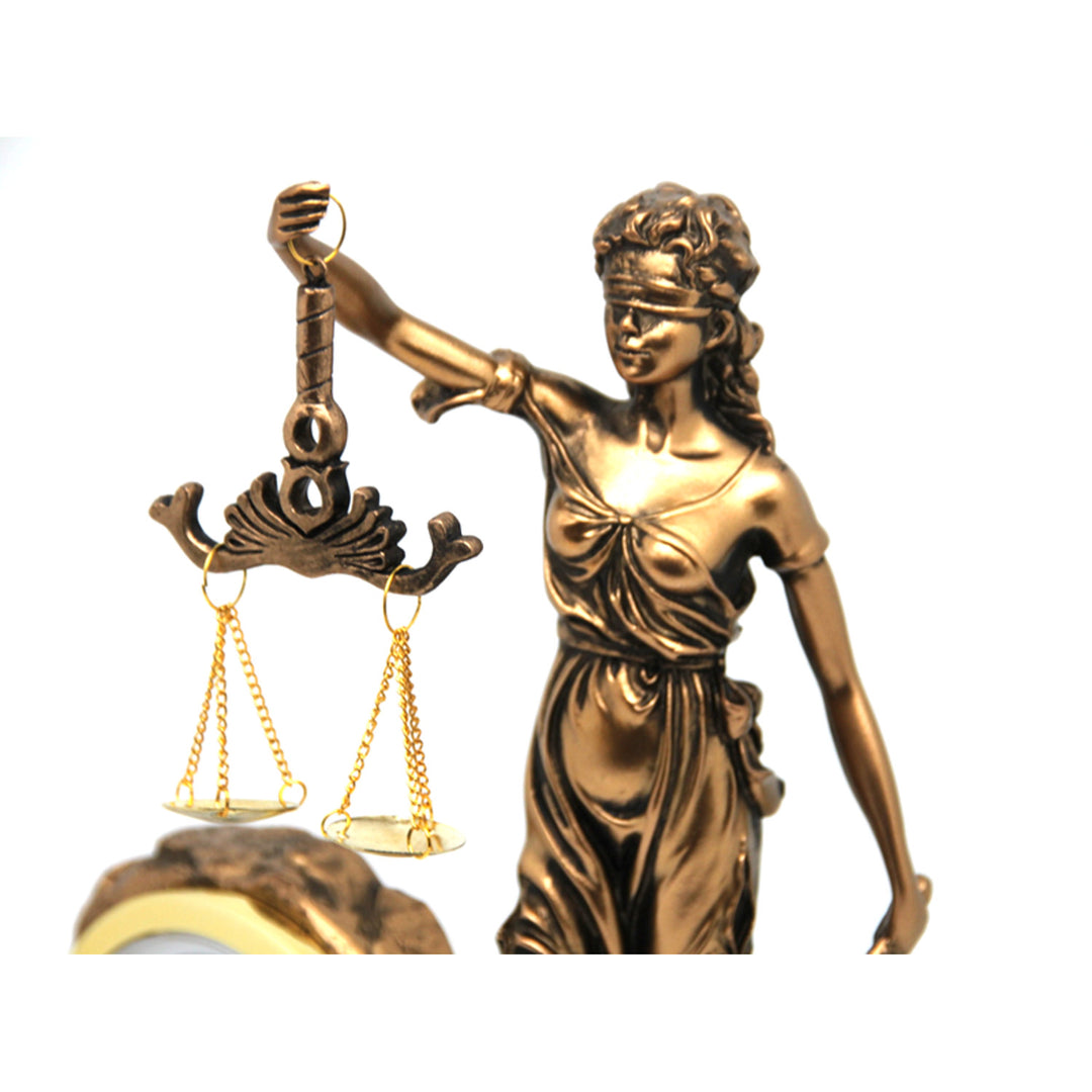 Statuetta di Temida, dea della giustizia, orologio, regina Isabella