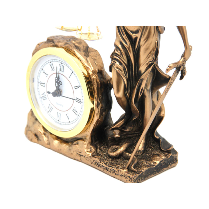 Statuetta di Temida, dea della giustizia, orologio, regina Isabella