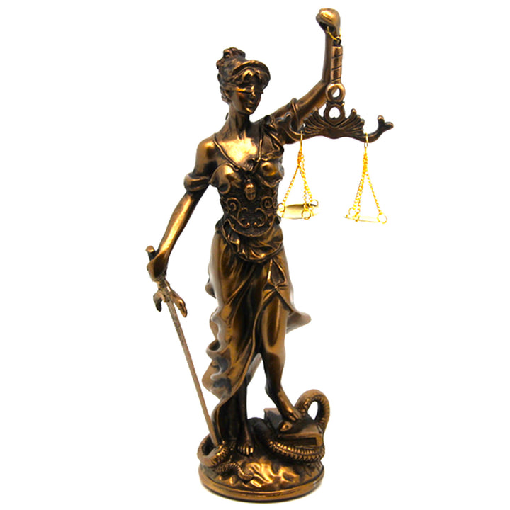 Statuetta di Temida con bilancia e spada, scultura giuridica in bronzo, Regina Isabella
