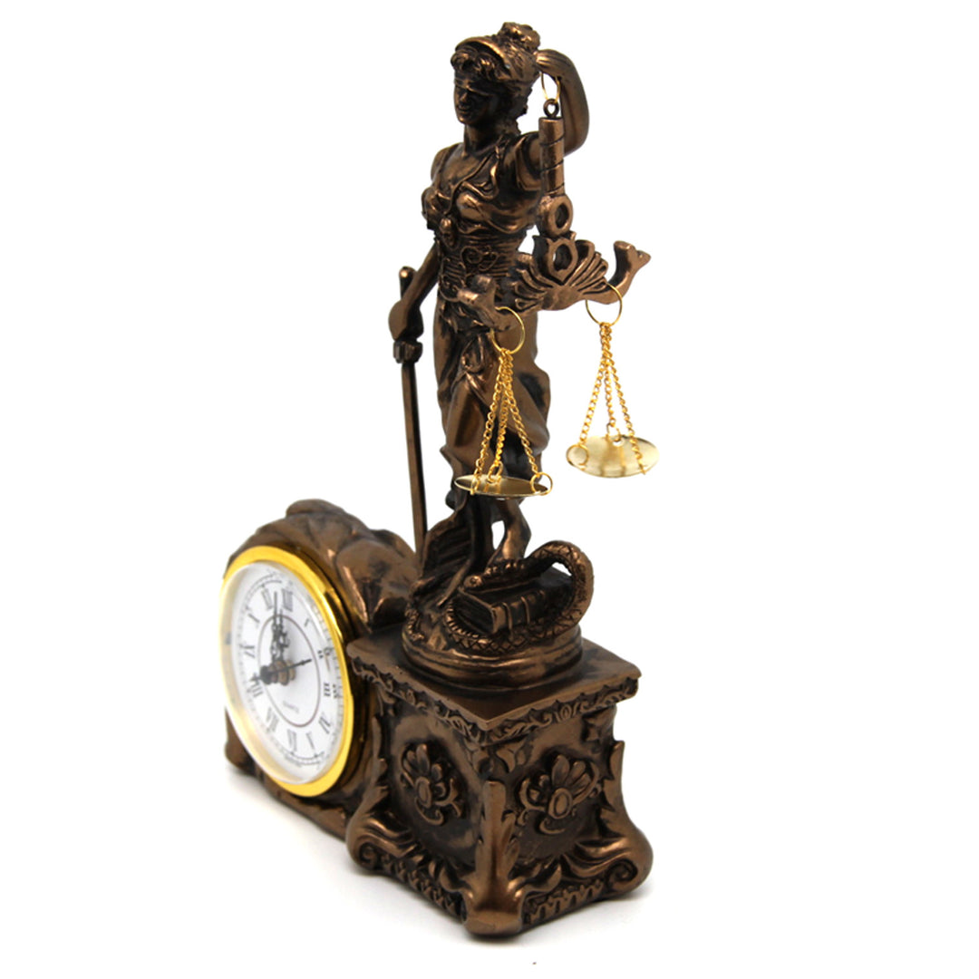 Statuetta di Themis con bilancia e spada, orologio, decorazione in bronzo, Regina Isabella