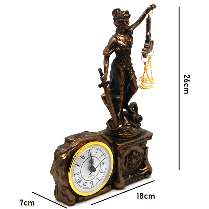 Statuetta di Themis con bilancia e spada, orologio, decorazione in bronzo, Regina Isabella