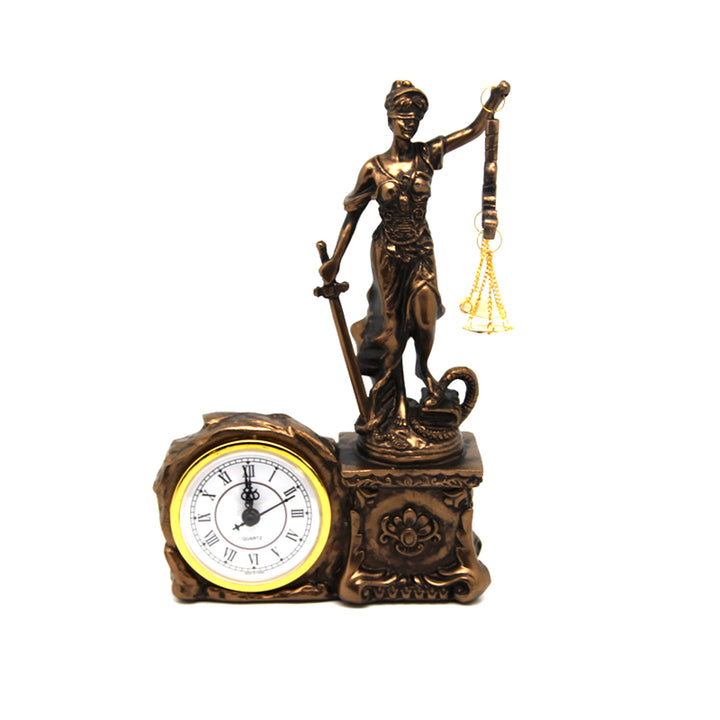 Statuetta di Themis con bilancia e spada, orologio, decorazione in bronzo, Regina Isabella